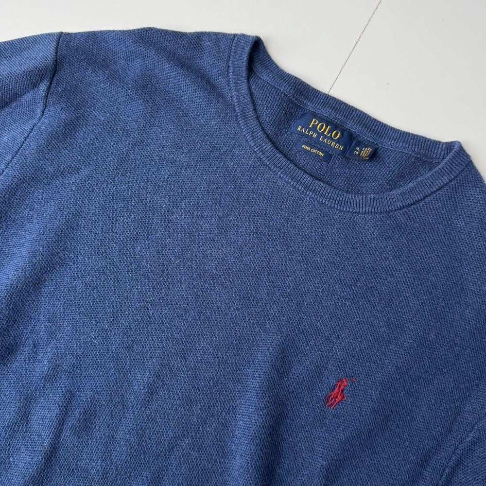 Polo Ralph Lauren Men Blue Pima Cotton Crewneck Sweater XL Red Pony Logo Knit